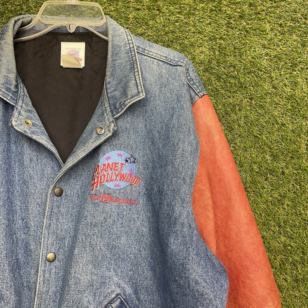 Planet Hollywood Jacket Mens XL Walt Disney World Letterman USA Leather Denim - Picture 7 of 13